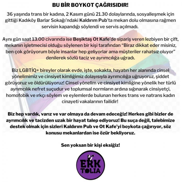 Kaldırım Pub ve Beşiktaş Ot Kafe'yi boykot ediyoruz!